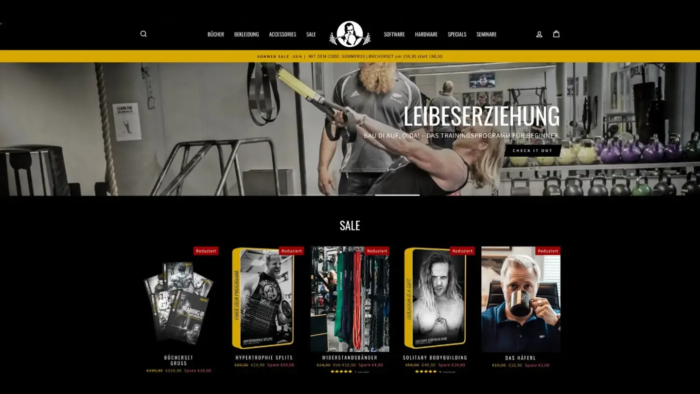 Screenshot of dasshop.com, the old online shop of intelligent strength showcasing various products for strength training.