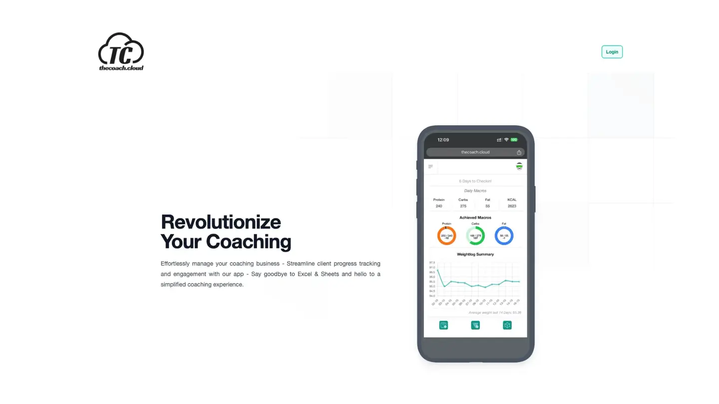 Screenshot of theCoach.cloud landing page showcasing mobile usage and the login process.